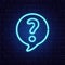 Neon question mark in speech bubble. Glowing blue question sign. Color neon banner on brick wall. Realistic bright night