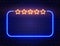 Neon quiz banner on brick wall. Realistic neon frame with five stars. Shining signboard. Star rating. Night bright