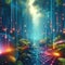 Neon Raindrops in Futuristic Jungle Canopy - Abstract 1:1 Ratio Illustration with Vibrant Colors, Modern Artistic, AI Generated