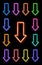 Neon realistic arrows set showing down direction.