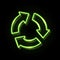 Neon recycling icon isolated on black background.