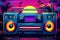 Neon Retro Boombox in Futuristic Cityscape