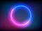 Neon retro circle with VHS effect. Glitch round frame on color backdrop. Futuristic glowing element. Pink and blue