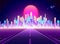 Neon retro city landscape. Highway to Cyberpunk futuristic town. Sci-fi background abstract digital architecture. Vector