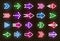 Neon Right Arrows colorful vector icons set. Realistic glowing pointers on transparent background. Location indicator