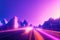Neon road, sunset in retrowave style. 80s retro music - synthwave. Vintage 3d render illustration. Generative AI