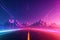 Neon road, sunset in retrowave style. 80s retro music - synthwave. Vintage 3d render illustration. Generative AI