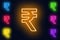 Neon Rupee sign in various color options on a dark background .