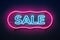Neon sale sign. Retro light frame, futuristic glowing border shape, abstract advertising color background. Realistic