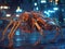 Neon scorpion crawls over mechanical city