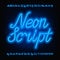 Neon script alphabet font. Blue neon uppercase and lowercase letters and numbers.