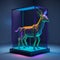 A neon sculpture of a deer in a glass case
