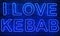 Neon shining sign in blue color on a brick wall with the inscription or slogan I love kebab. Brick wall, background. Bright