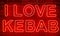 Neon shining sign in red color on a brick wall with the inscription or slogan I love kebab. Brick wall, background. Bright