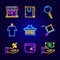 Neon Shopping Sale Icon Set. Vector Illustration of Shop Objects Collection