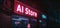 Neon sign of AI store in cyberpunk city street at night, dark alley with futuristic robot shop. Concept of dystopia, shop,