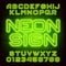 Neon Sign alphabet font. Green neon letters and numbers on brick wall background.