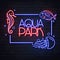 Neon sign aqua park with sea horse, fish and jellyfish. Vintage electric signboard
