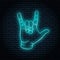 Neon sign with blue glow. Hand gesture, rock n roll.