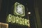 Neon sign burgers fast food city restaurant yellow color