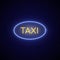 Neon sign city taxi. Blue and yellow concept neon singboard taxi service. Vector illustration