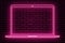A neon sign in the form of a laptop. Pink color. Against the background of a brick wall with a shadow.