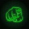 Neon sign with a green glow. Hand gesture, index finger pointing at you.