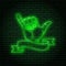 Neon sign with a green glow. Hand gesture, shaka. little finger and thumb. On a brick wall background, for your design.