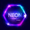 Neon sign. Hexagon background. Glowing electric abstract frame on dark backdrop. Light banner with glow. Bright vector