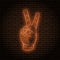 Neon sign with an orange glow. Hand gesture, two fingers, shows peace.