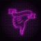 Neon sign with a purple glow. dislike. Hand gesture, shows thumb down. On a brick wall background, for your design. With ribbon