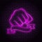 Neon sign with a purple glow. Hand gesture, clenched fist. On a brick wall background, for your design. With ribbon, flag