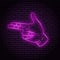 Neon sign with a purple glow. Hand gesture, two fingers, shows a gun.