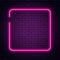Neon sign in square shape. Bright neon light, illuminated square frame. Glowing purple neon tube on dark background. Signboard or