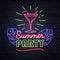 Neon sign summer party with cocktail and fluorescent tropic leaves. Vintage electric signboard