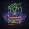 Neon sign summer party with fluorescent palm tree and tropic leaves. Vintage electric signboard