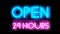 Neon sign text animation flicker open 24 hours word on black background.