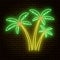 Neon sign, three palm trees of different size against a brick old wall.