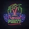 Neon sign tropic party with fluorescent palm tree and tropic leaves. Vintage electric signboard