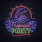 Neon sign tropical party with dolphins and fluorescent tropic leaves. Vintage electric signboard