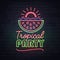 Neon sign tropical party with fluorescent watermelon. Vintage electric signboard