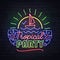 Neon sign tropical party with ship and fluorescent tropic leaves. Vintage electric signboard