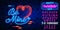 Neon sign, the word Love with heart on dark background. Design element for Happy Valentine`s Day. Ready for your design, greeting