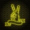 Neon sign with a yellow glow. Hand gesture, two fingers, shows peace. On a brick wall background, for your design. With ribbon