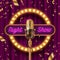 Neon signboard, fame with light bulbs and Retro microphone on stage gainst the purple curtain and falling golden confetti.