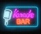 Neon signboard of karaoke music bar. Glowing street sign of a nightclub with live music. Sound cafe icon.