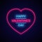 Neon signboard in shape heart with text Valentine`s Day. Design element for greeting card, banner.