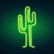Neon signs and icons. Green Cactus and tropical plant. Night bright signboard, Glowing light banner. Summer logo
