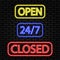 neon signs open, closed, around the clock for cafes, restaurants, bars, shops and other establishments. eps 10