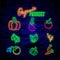 Neon signs. The symbols of different fruit and vegetables on a dark background.